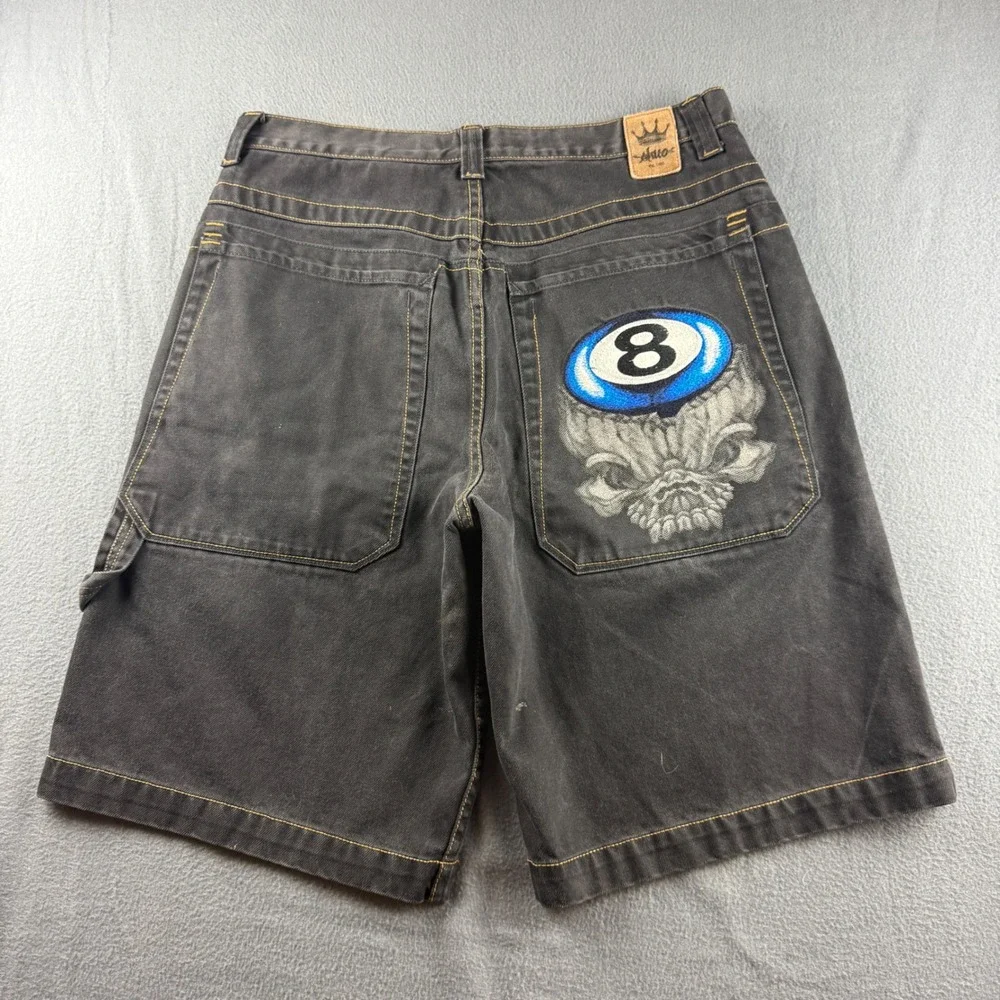 JNCO 8 Ball Jorts Men's 36 Black Skull Y2K Vintage Baggy Jean Shorts Embroidered